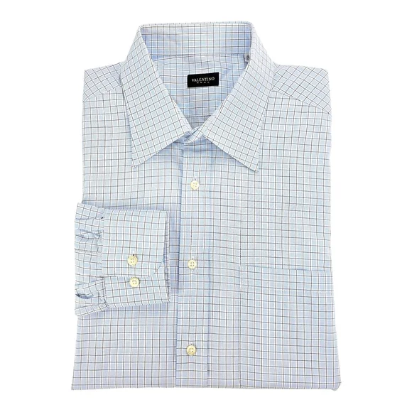 Quiet Luxury Valentino Roma Dress Shirt Men 17.5 Blue Check Italian - Picture 3 of 14